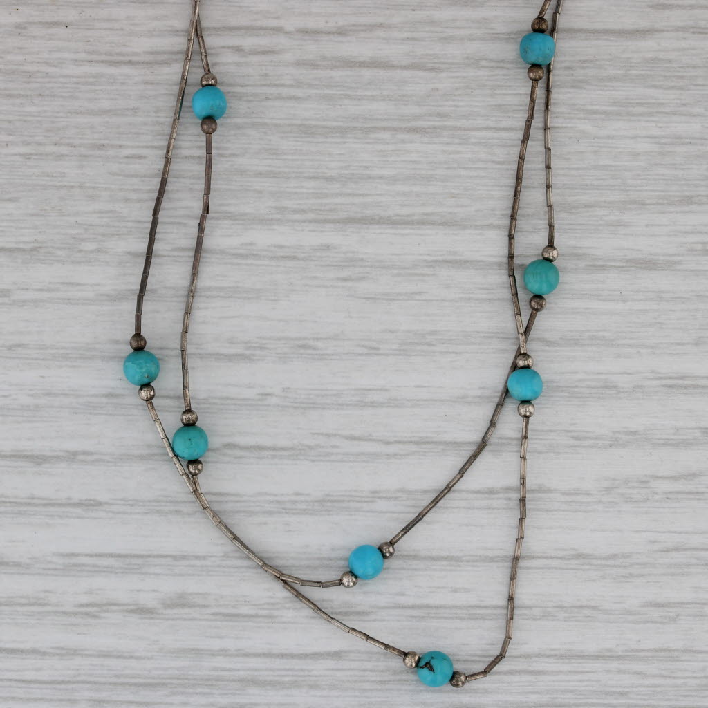 Gray Vintage Native American Liquid Silver Turquoise Necklace Sterling Silver 18"