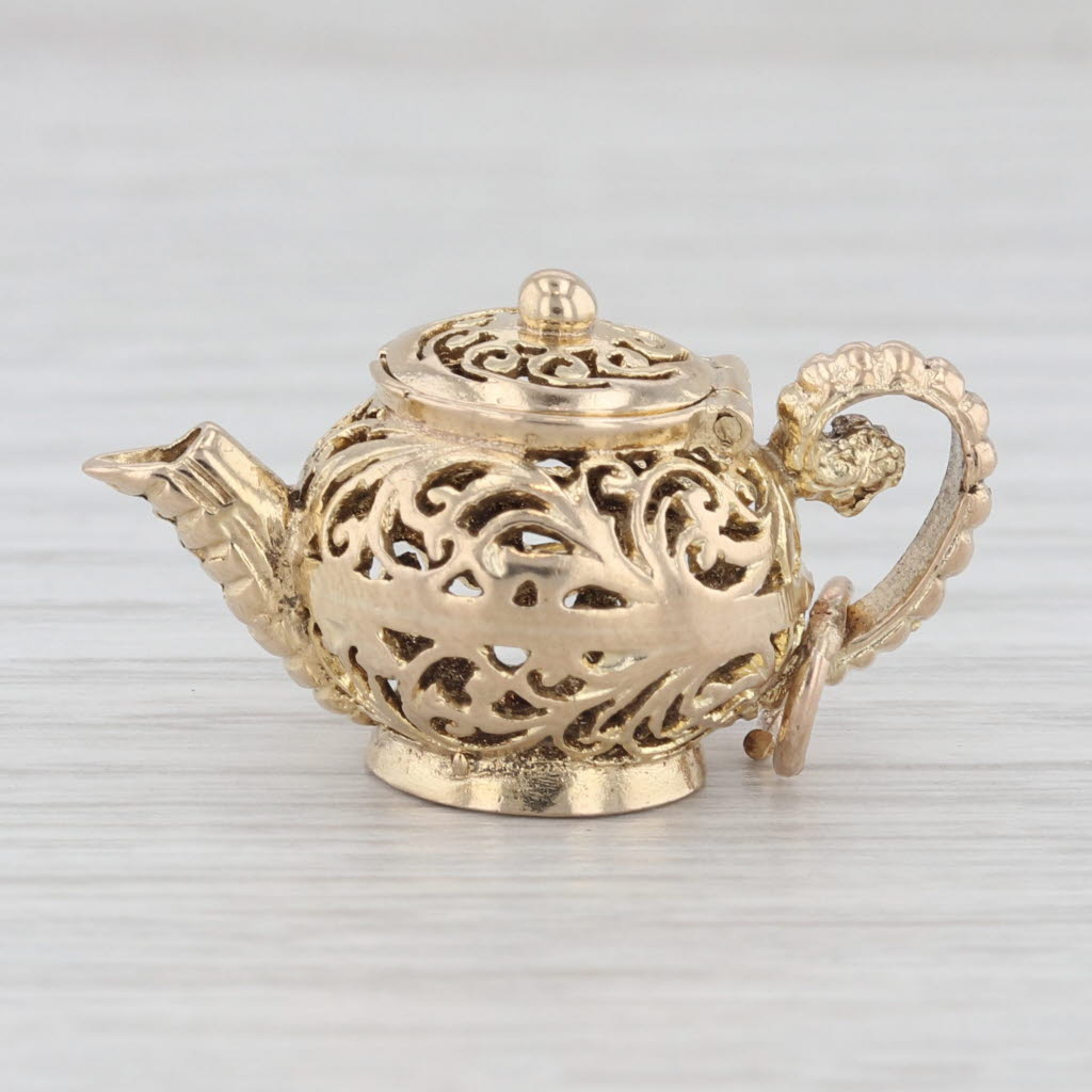 Light Gray Vintage Ornate Teapot Charm 9k Yellow Gold British Opens Diffuser