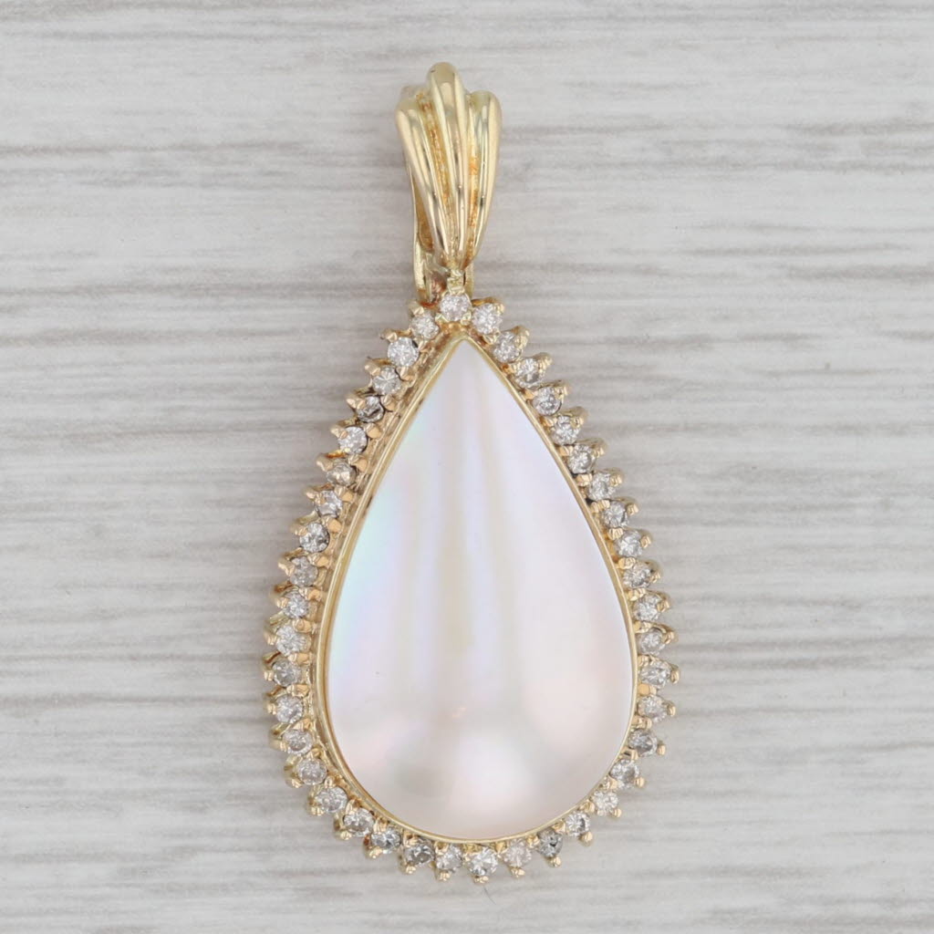 Gray Mabe Pearl 0.25ctw Diamond Halo Teardrop Pendant 14k Yellow Gold