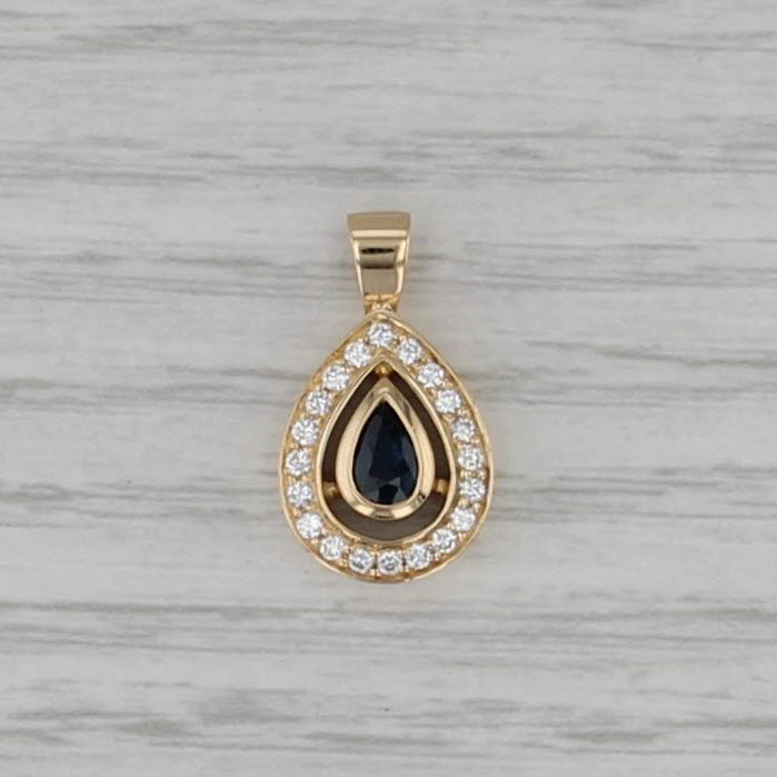0.85ctw Pear Blue Sapphire Diamond Halo Teardrop Pendant 18k Yellow Gold