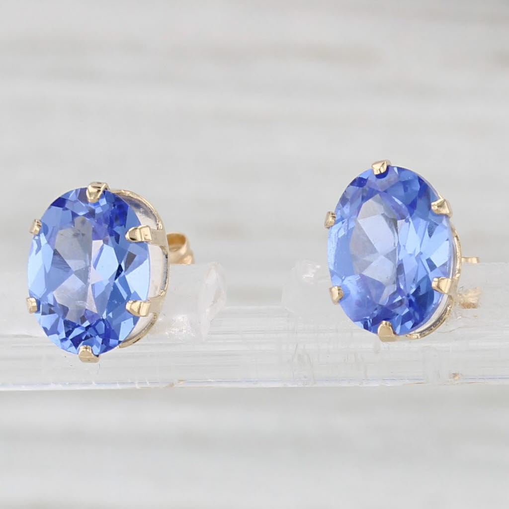 Light Gray Blue Glass Solitaire Stud Earrings 14k Yellow Gold Oval Solitaire Studs