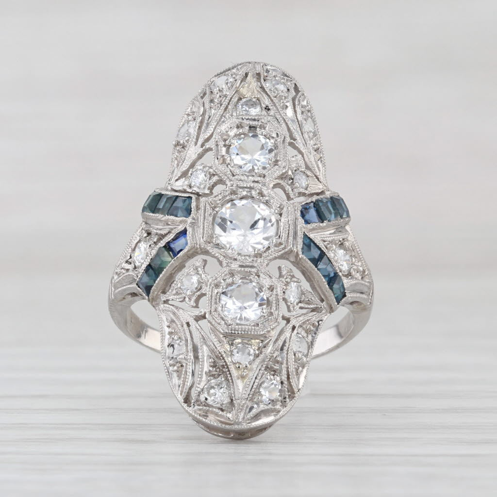 Art Deco Diamond Sapphire Lab Created Spinel Ring Platinum Size 5.25 Vintage