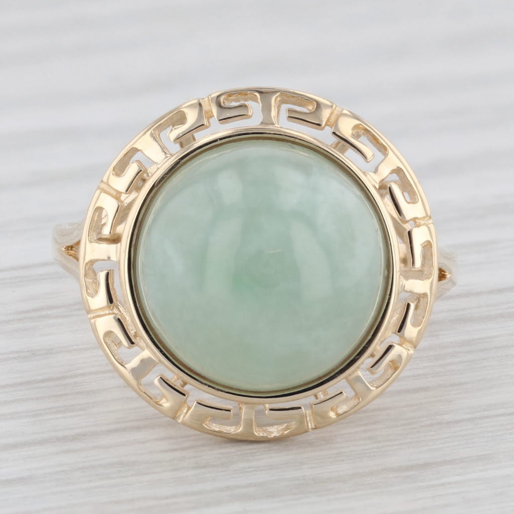 Gray Jadeite Jade Cabochon Solitaire Ring 14k Yellow Gold Size 8.25 Greek Key Frame