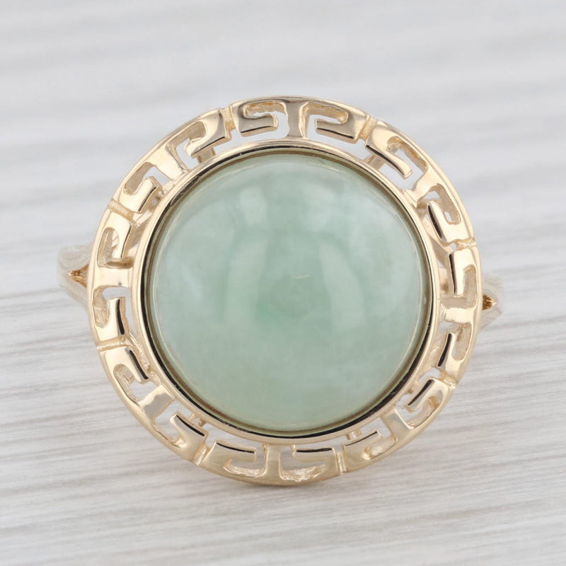 Jadeite Jade Cabochon Solitaire Ring 14k Yellow Gold Size 8.25 Greek Key Frame