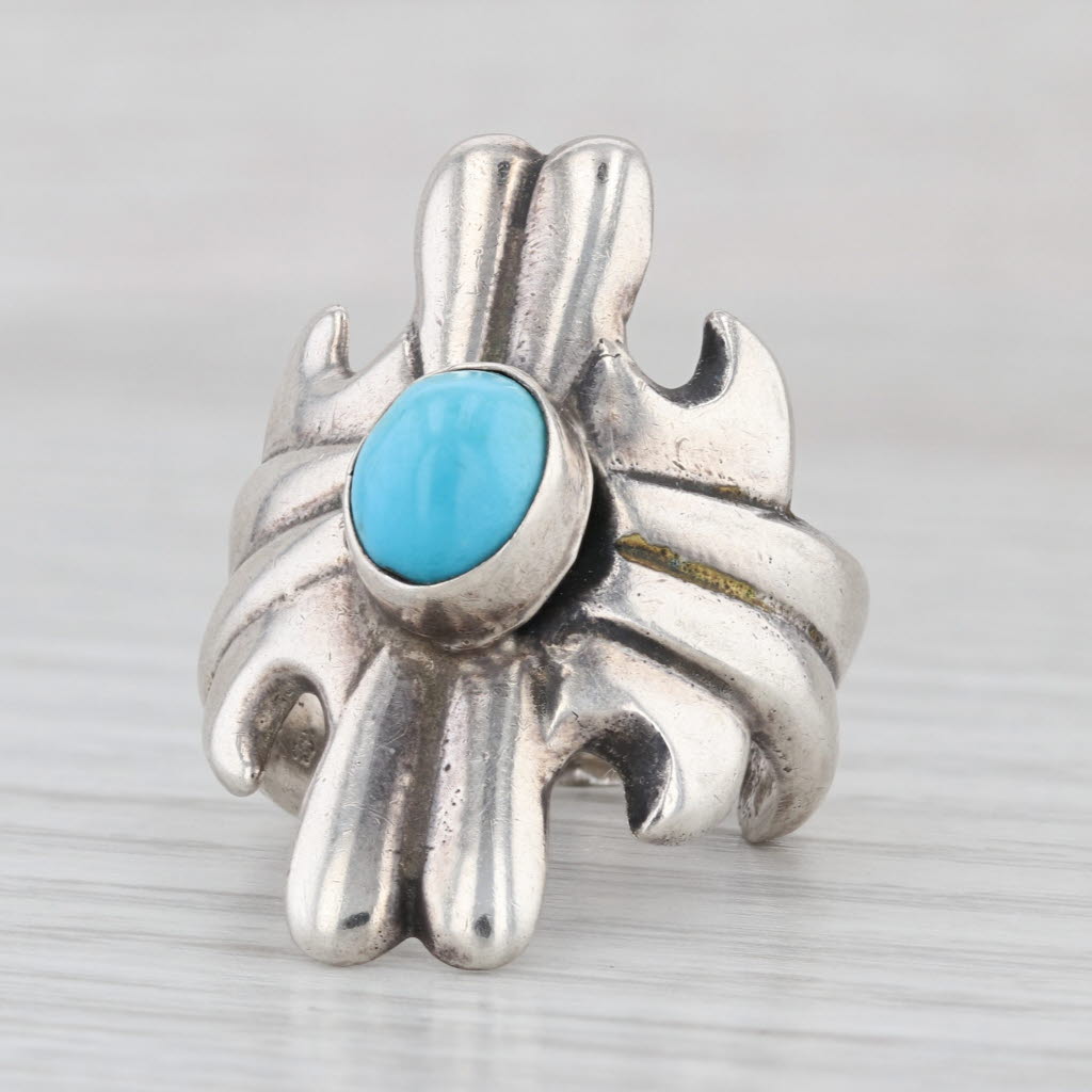 Vintage Turquoise Statement Ring Sterling Silver Sz 7 Oval Cabochon Southwestern