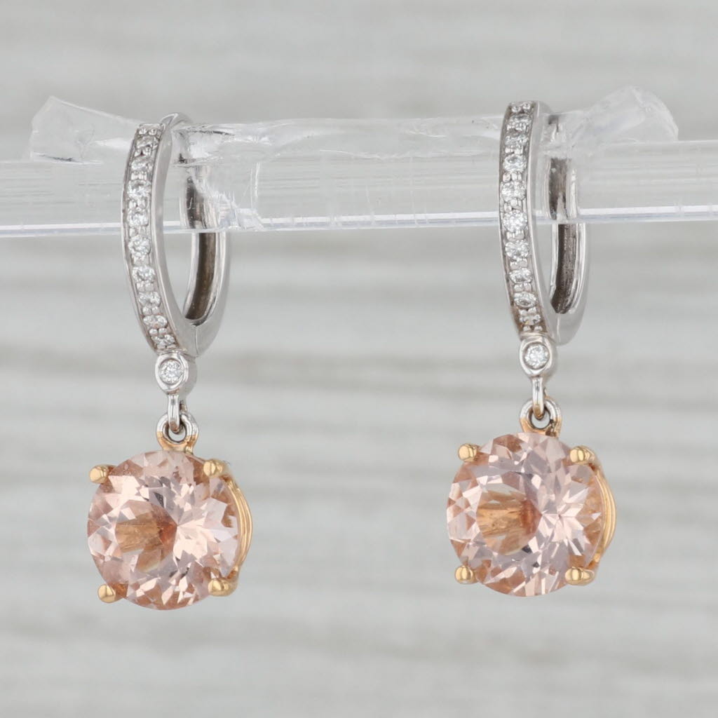 Gray New 3.60ctw Morganite Drop Diamond Hoop Earrings 18k White Yellow Gold Snap Top