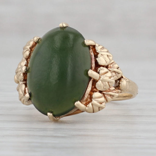 Gray Green Nephrite Jade Leaf Ring 10k Yellow Gold Size 6.5 Oval Cabochon Solitaire