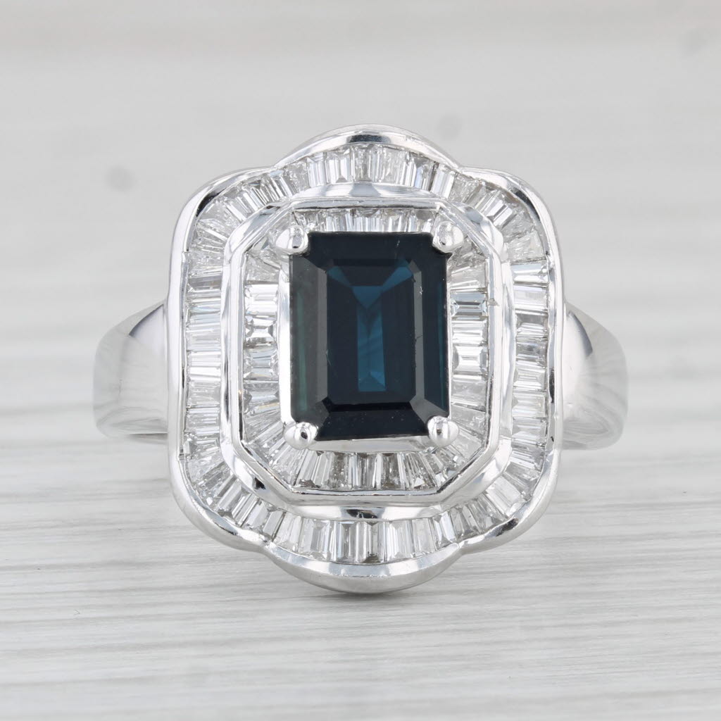 Light Gray 3.20ctw Emerald Cut Blue Sapphire Diamond Halo Ring 14k White Gold Size 8