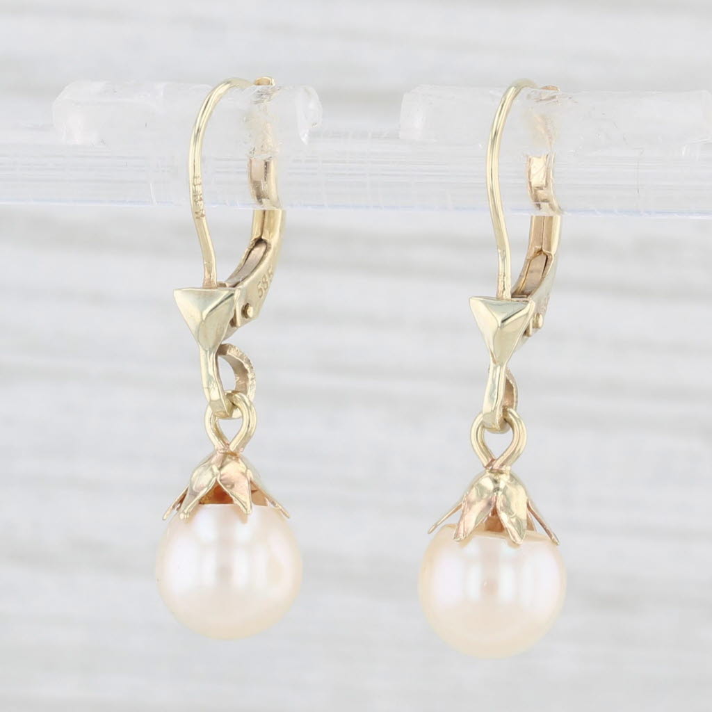 Light Gray Vintage Cultured Pearl Dangle Earrings 14k Yellow Gold Lever Backs