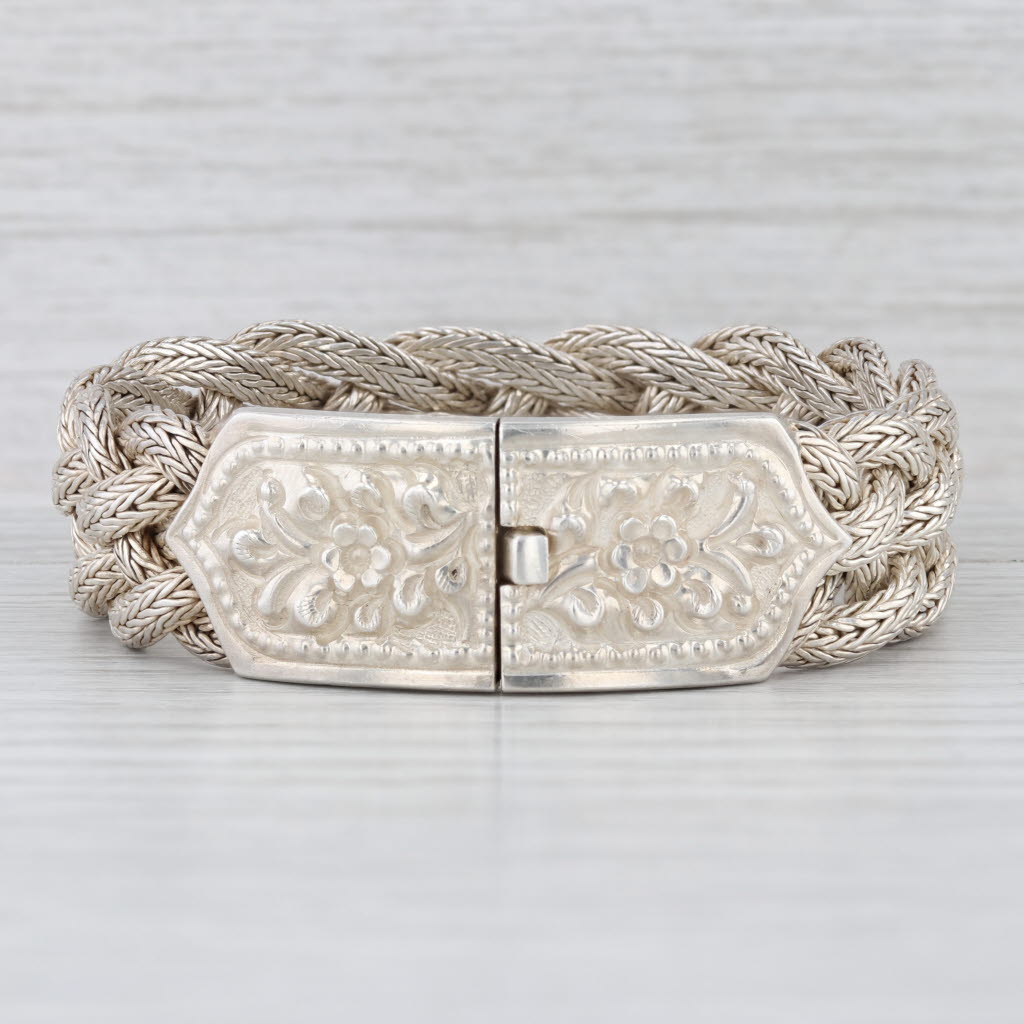 Vintage Bali Style Bracelet Sterling Silver Ornate Floral Woven Chain 7.25"