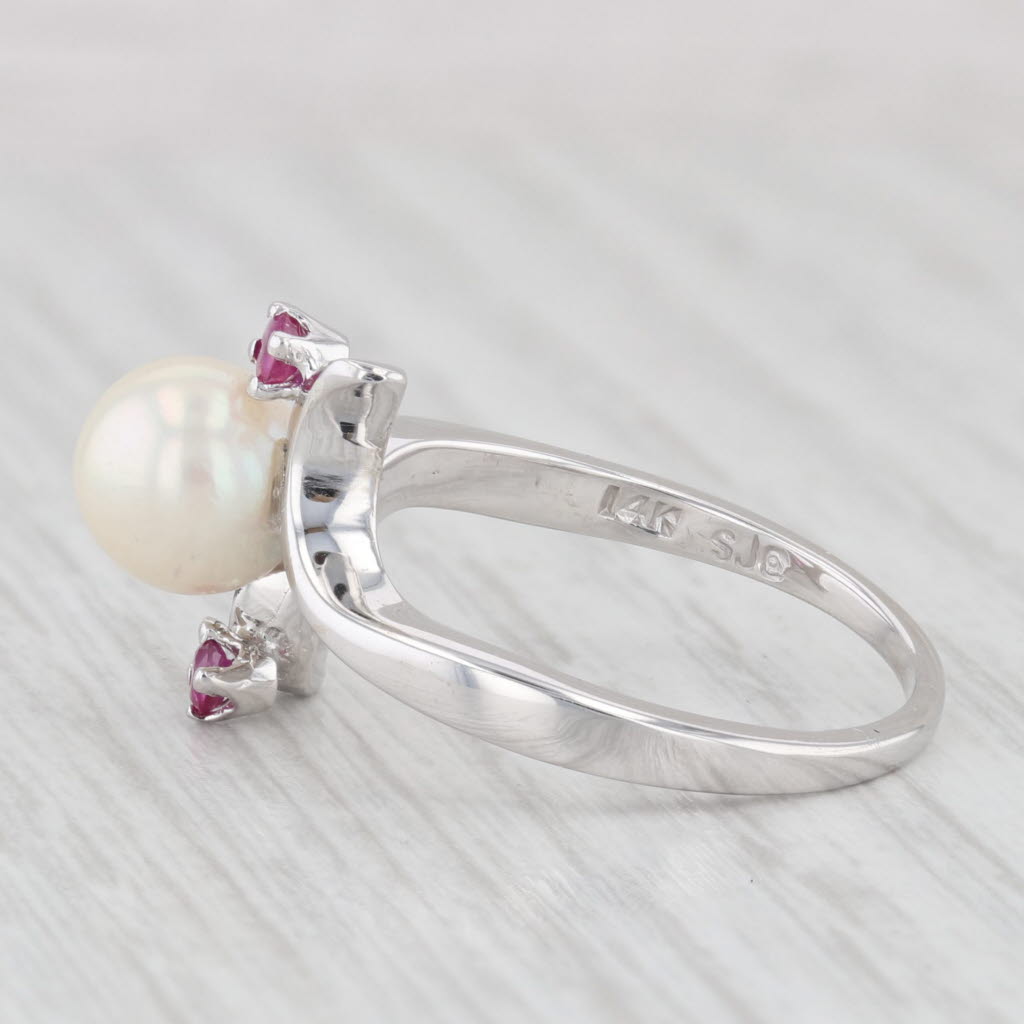 Light Gray Cultured Pearl Ruby Bypass Ring 14k White Gold Size 7