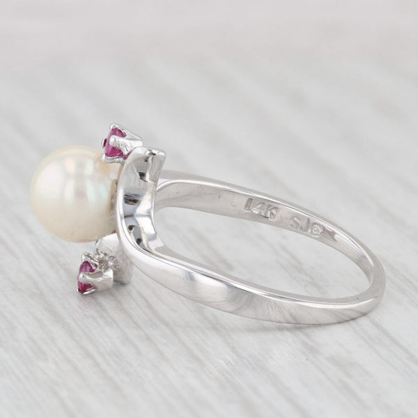 Cultured Pearl Ruby Bypass Ring 14k White Gold Size 7