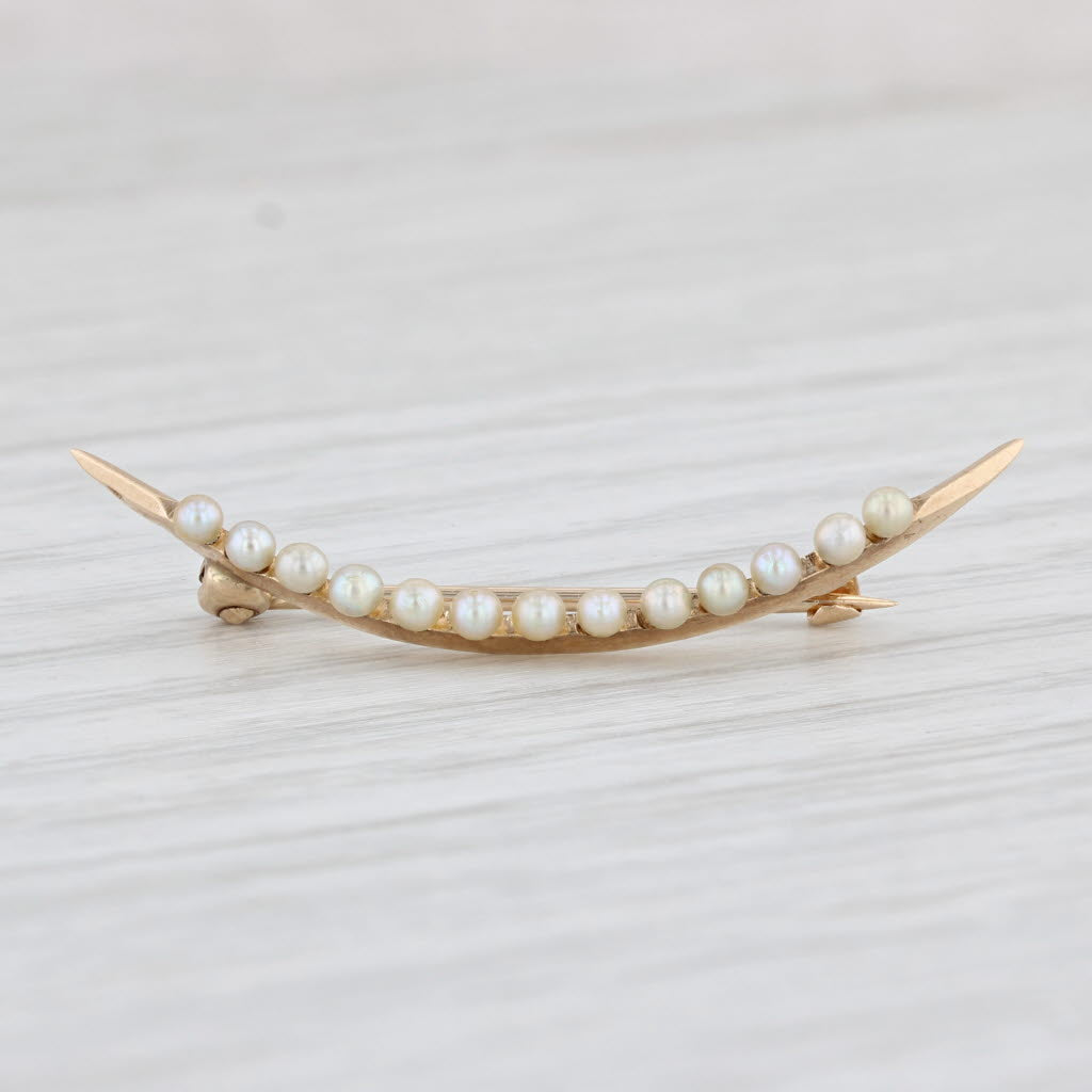 Light Gray Crescent Seed Pearls Pin 10k Yellow Gold Vintage Brooch