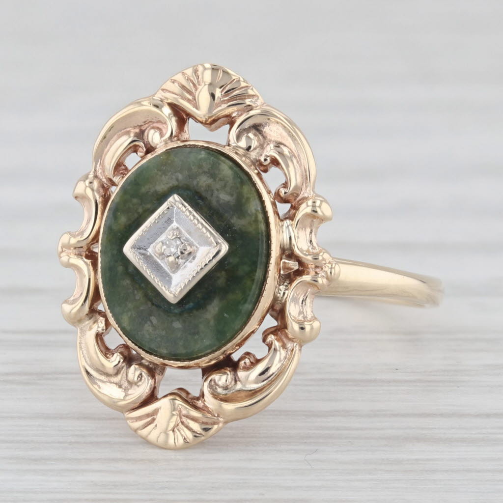 Light Gray Vintage Green Nephrite Jade Diamond Signet Ring 10k Yellow Gold Size 6