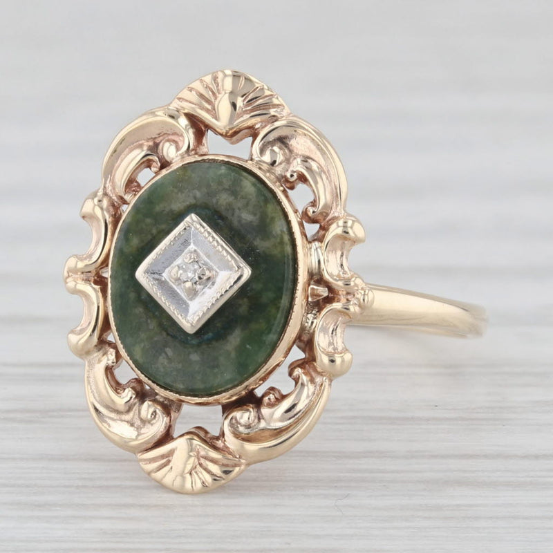 Vintage Green Nephrite Jade Diamond Signet Ring 10k Yellow Gold Size 6