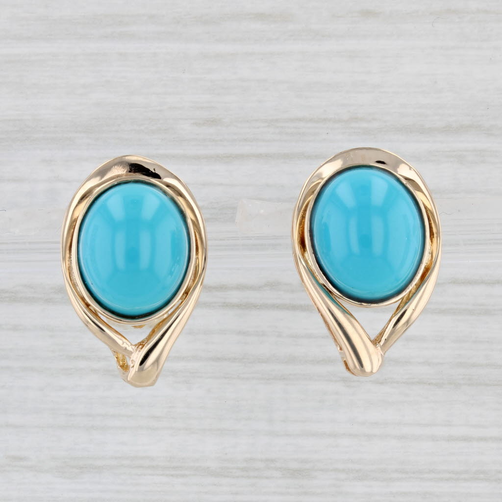 Light Gray Imitation Turquoise Glass Cabochon Teardrop Earrings 14k Yellow Gold Omega Backs