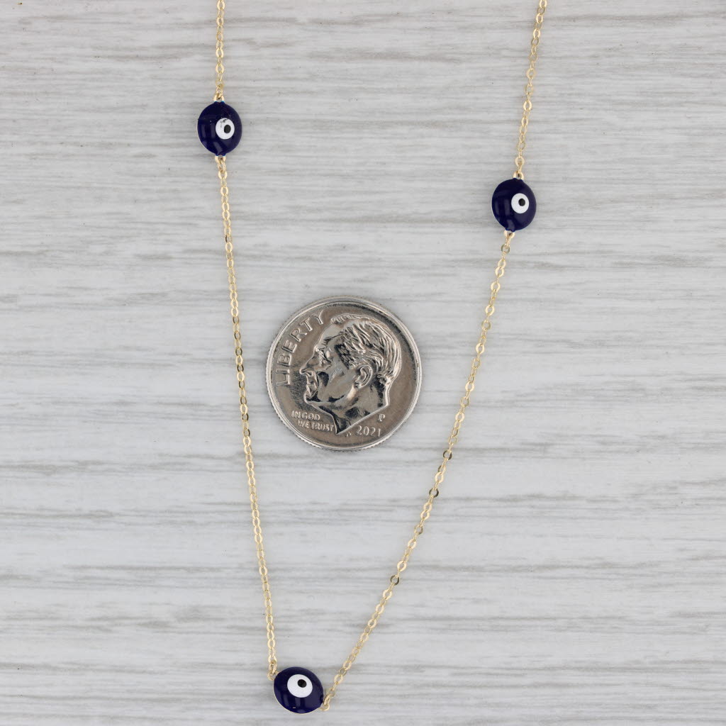 Gray Round Glass Station Necklace 14k Yellow Gold Cable Chain Eye Pattern 18"