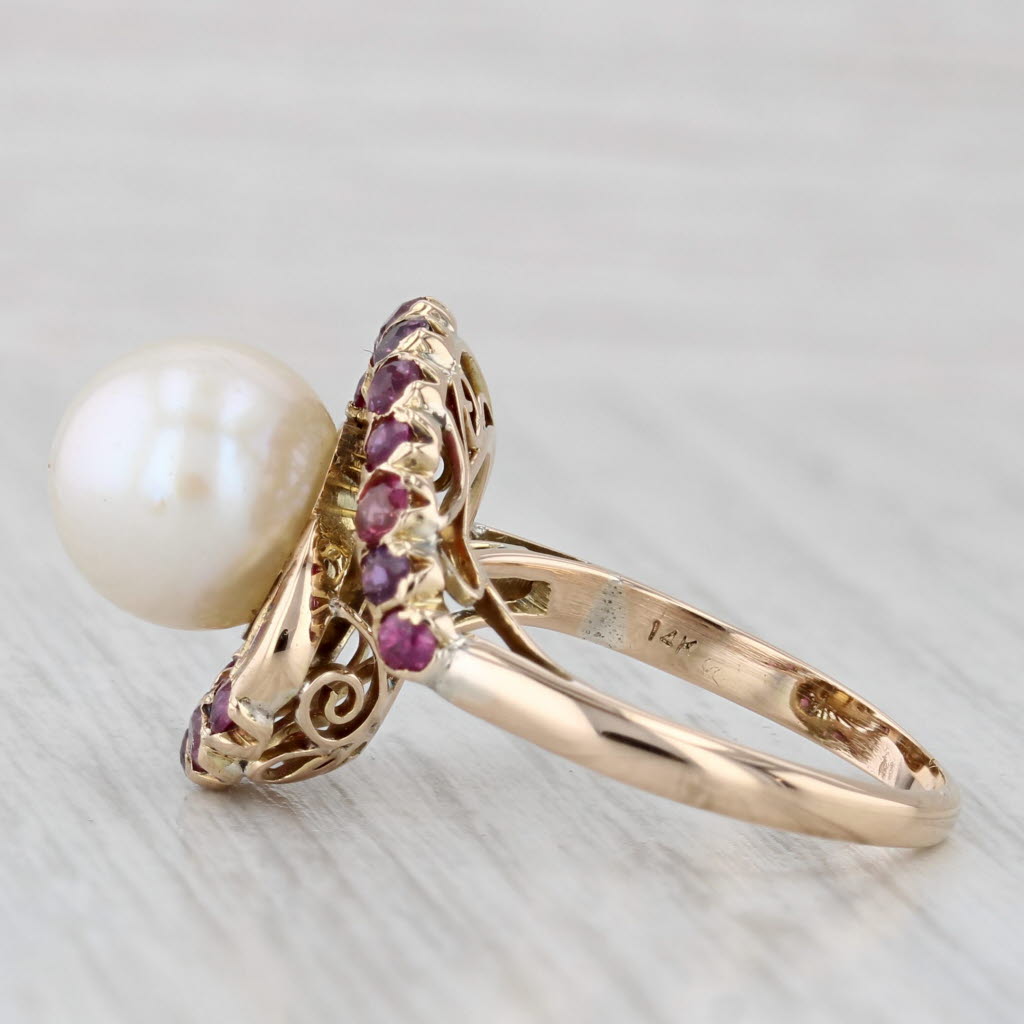 Light Gray Retro Cultured Pearl Ruby Ring 14k Yellow Gold Size 7.25 Cocktail