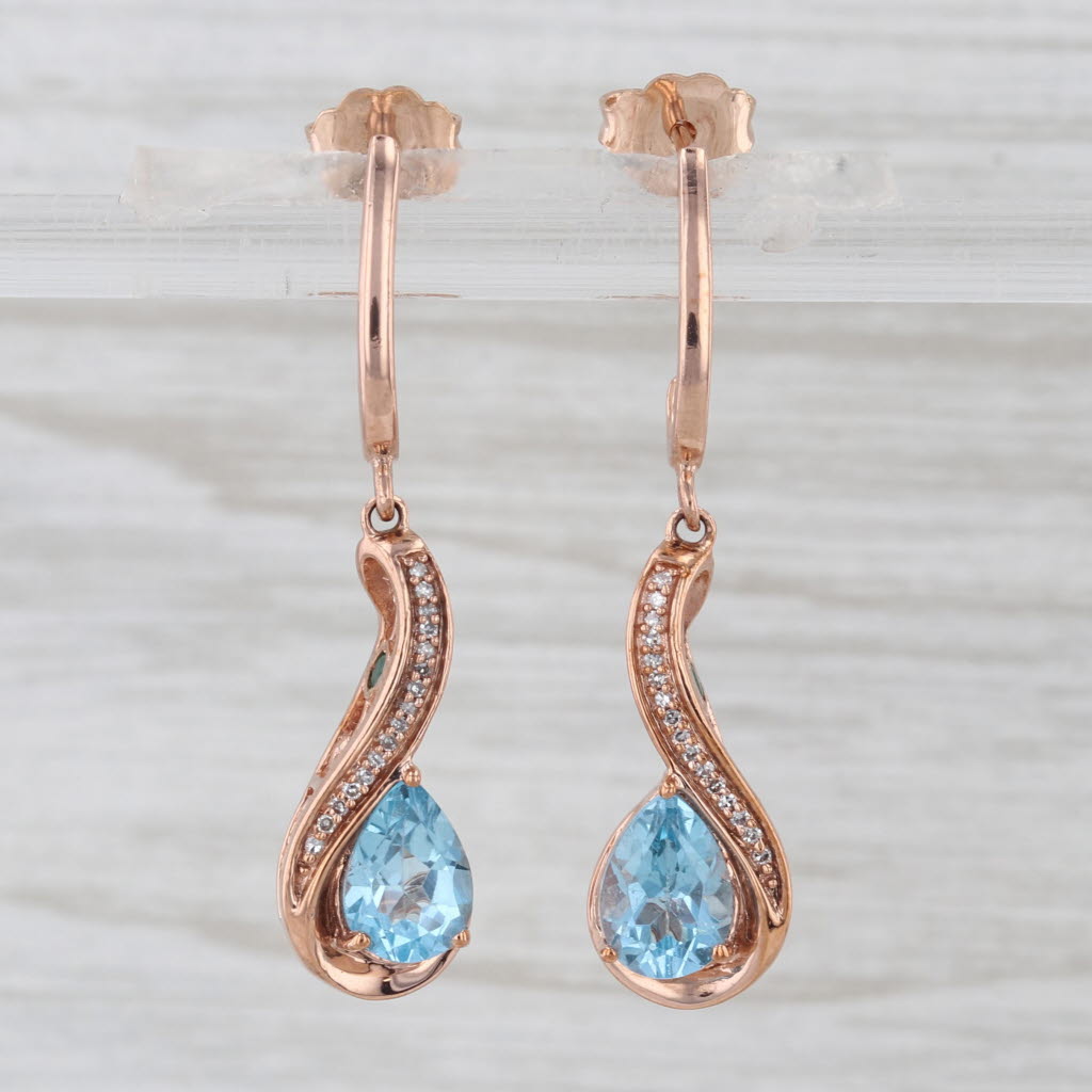 1.17ctw Blue Topaz Emerald Diamond Dangle Earrings 10k Rose Gold J-Hook Drops