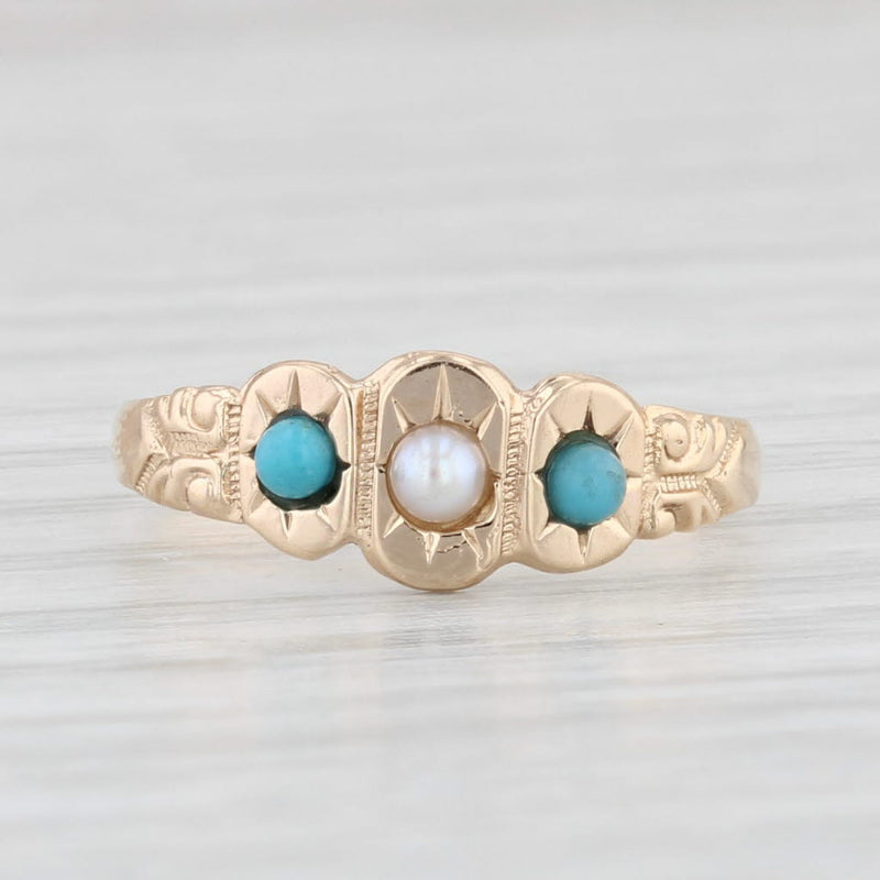 Victorian Pearl Turquoise Glass Ring 10k Yellow Gold Size 3.25 Small Baby Size