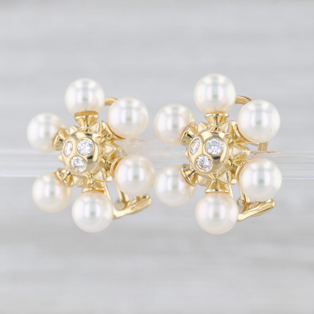Cultured Pearl 0.24ctw Diamond Drop Earrings 18k Yellow Gold Omega Backs