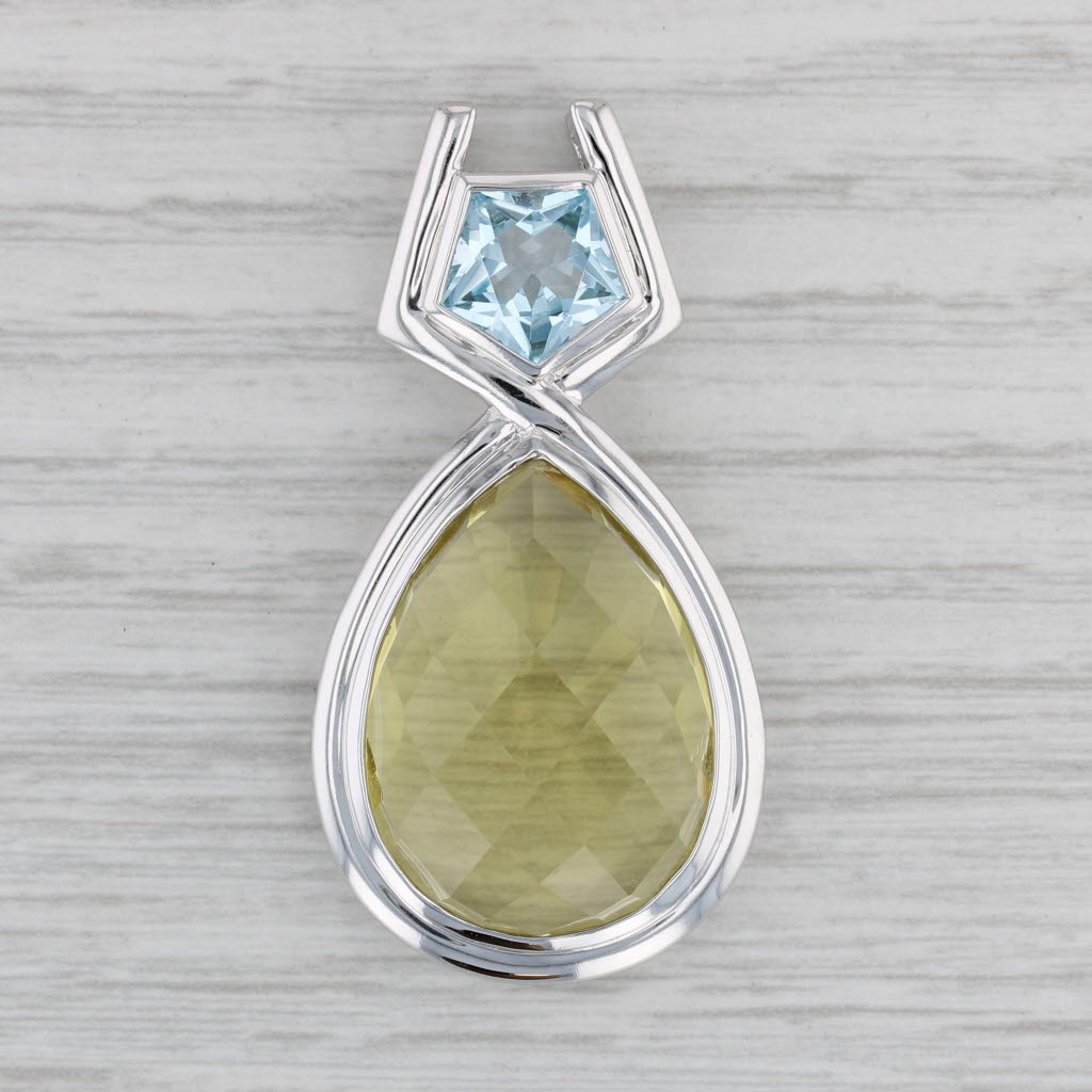 Gray 24ctw Lemon Quartz Blue Topaz Pendant 14k White Gold Teardrop Statement