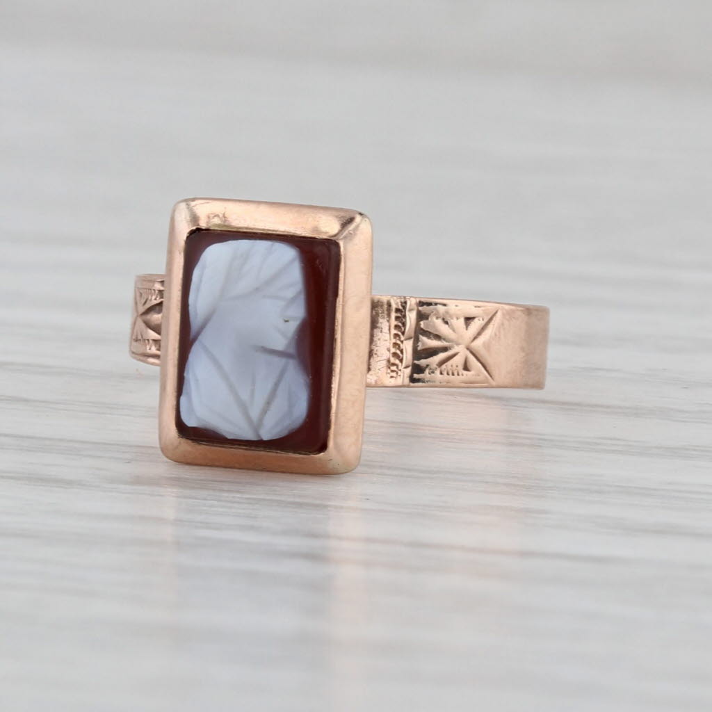 Victorian Carved Chalcedony Cameo Ring 9k Rose Gold Size 4.5 Antique