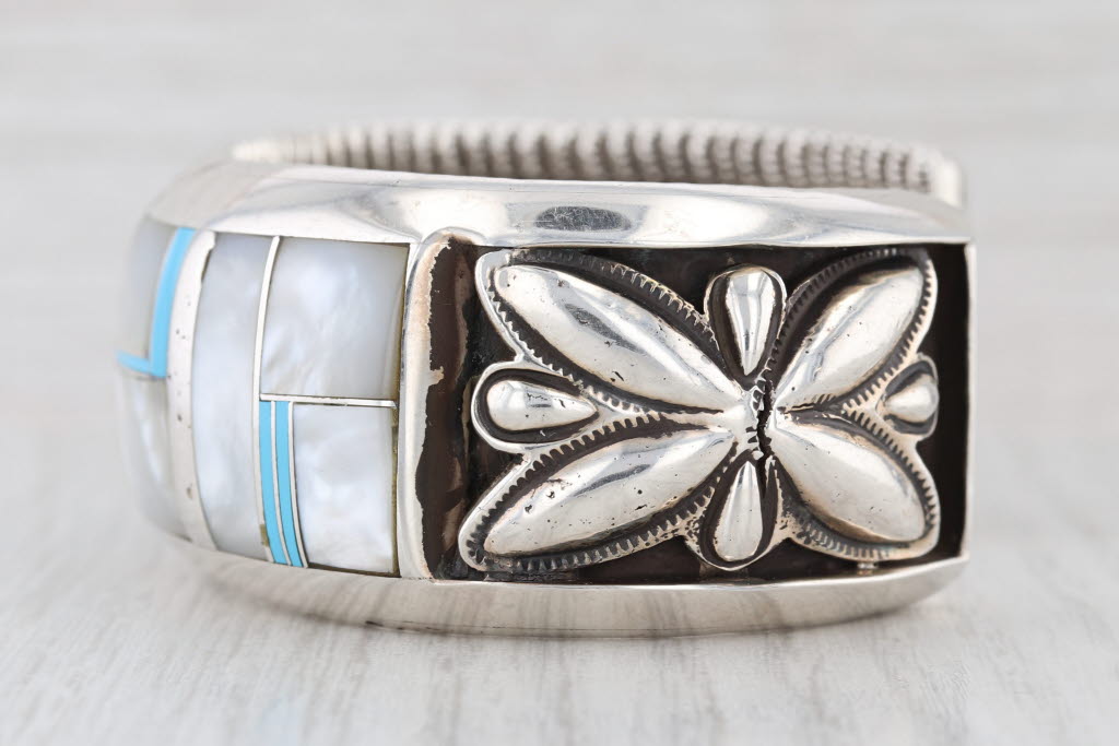 Chris Billie Stone Mosaic Cuff Bracelet Sterling Silver Navajo Native American