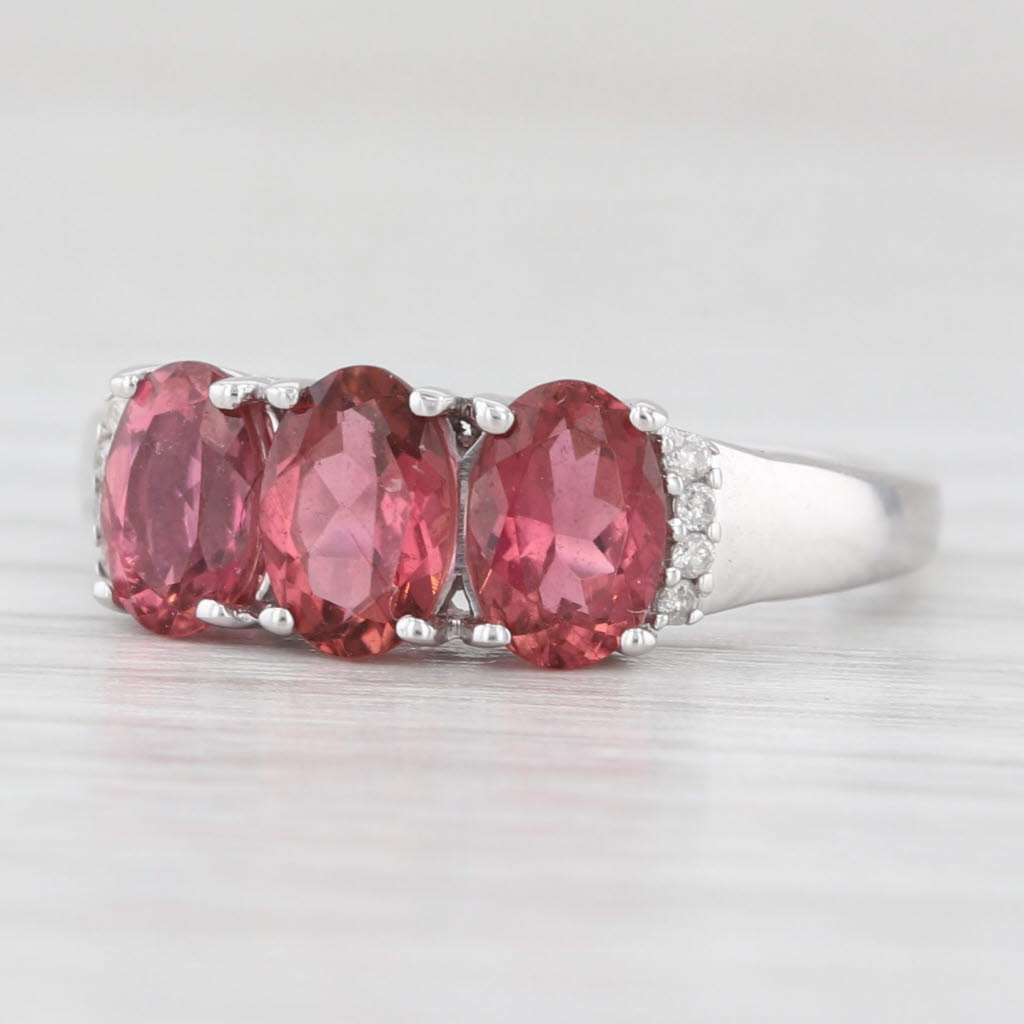 Light Gray 1.41ctw Rubellite 3-Stone Ring 10k White Gold Size 5.25 Diamond Accents