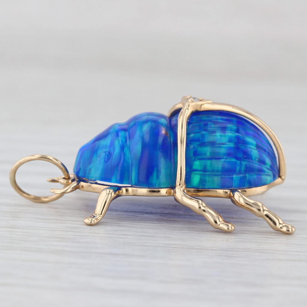 Blue Green Lab Created Opal Scarab Beetle Pendant 14k Yellow Gold Statement