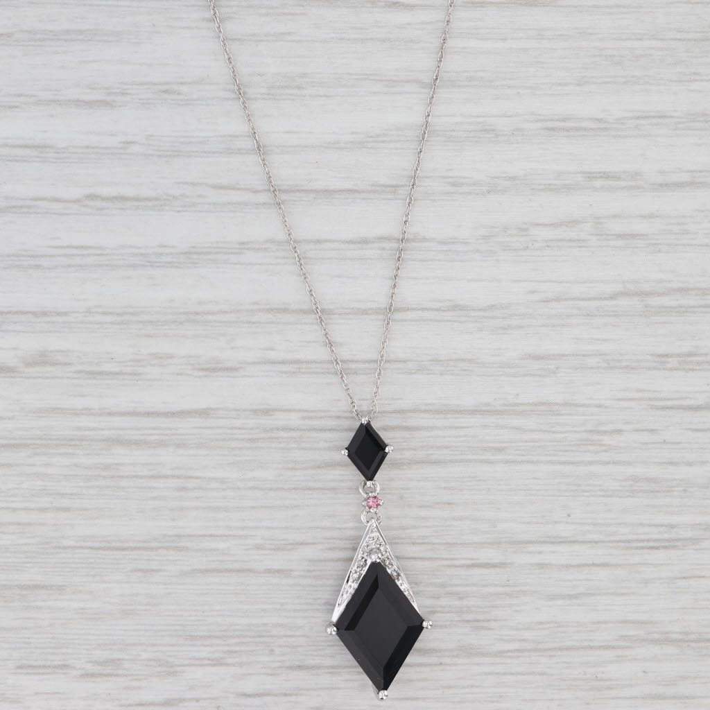 Light Gray Onyx Pink Tourmaline Diamond Pendant Necklace 14k White Gold 18.25" Rope Chain