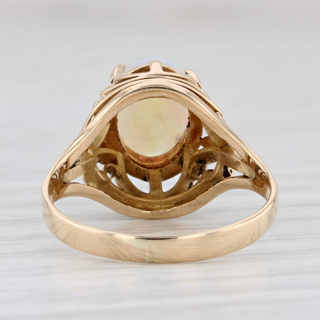 Light Gray Vintage Ornate Opal Ring 18k Yellow Gold Size 5.25 Oval Cabochon Solitaire