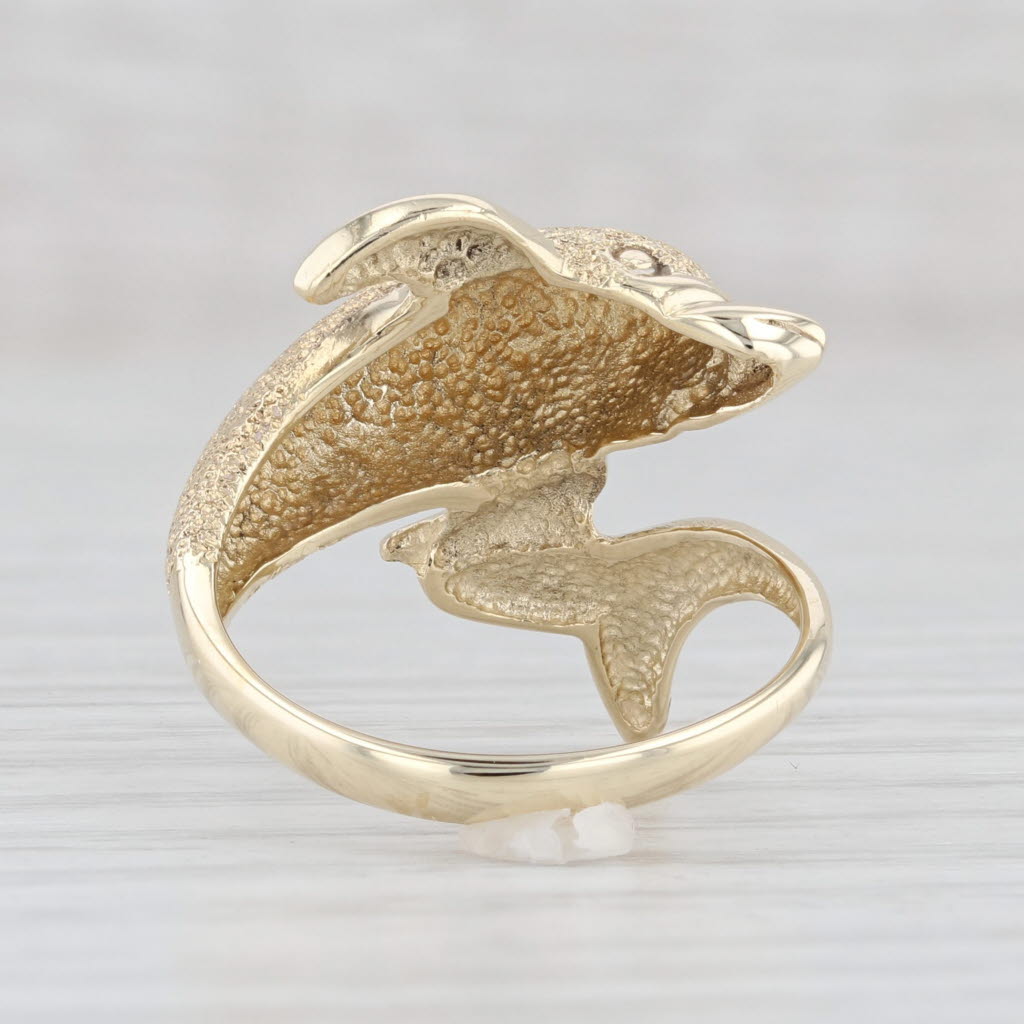 Light Gray Dolphin Bypass Ring 14k Yellow Gold Size 7 Nautical Jewelry