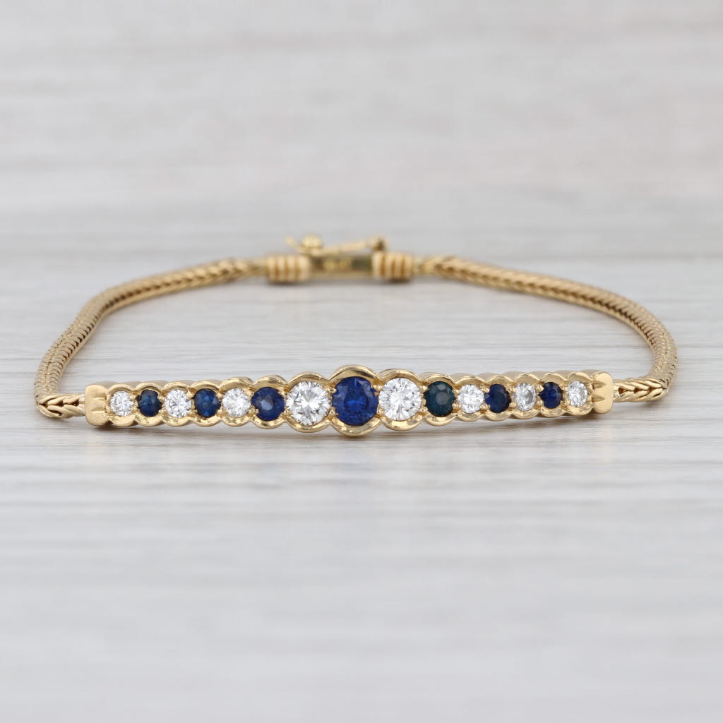 0.96ctw Blue Sapphire Diamond Bracelet 18k Yellow Gold Wheat Chain 6.75"