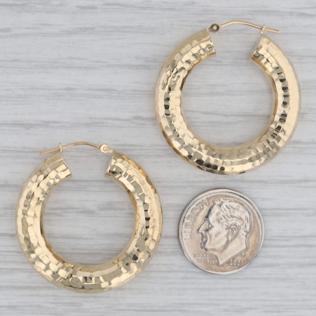 Gray Hammered Hoop Earrings 14k Yellow Gold Snap Top Pierced Round Hoops