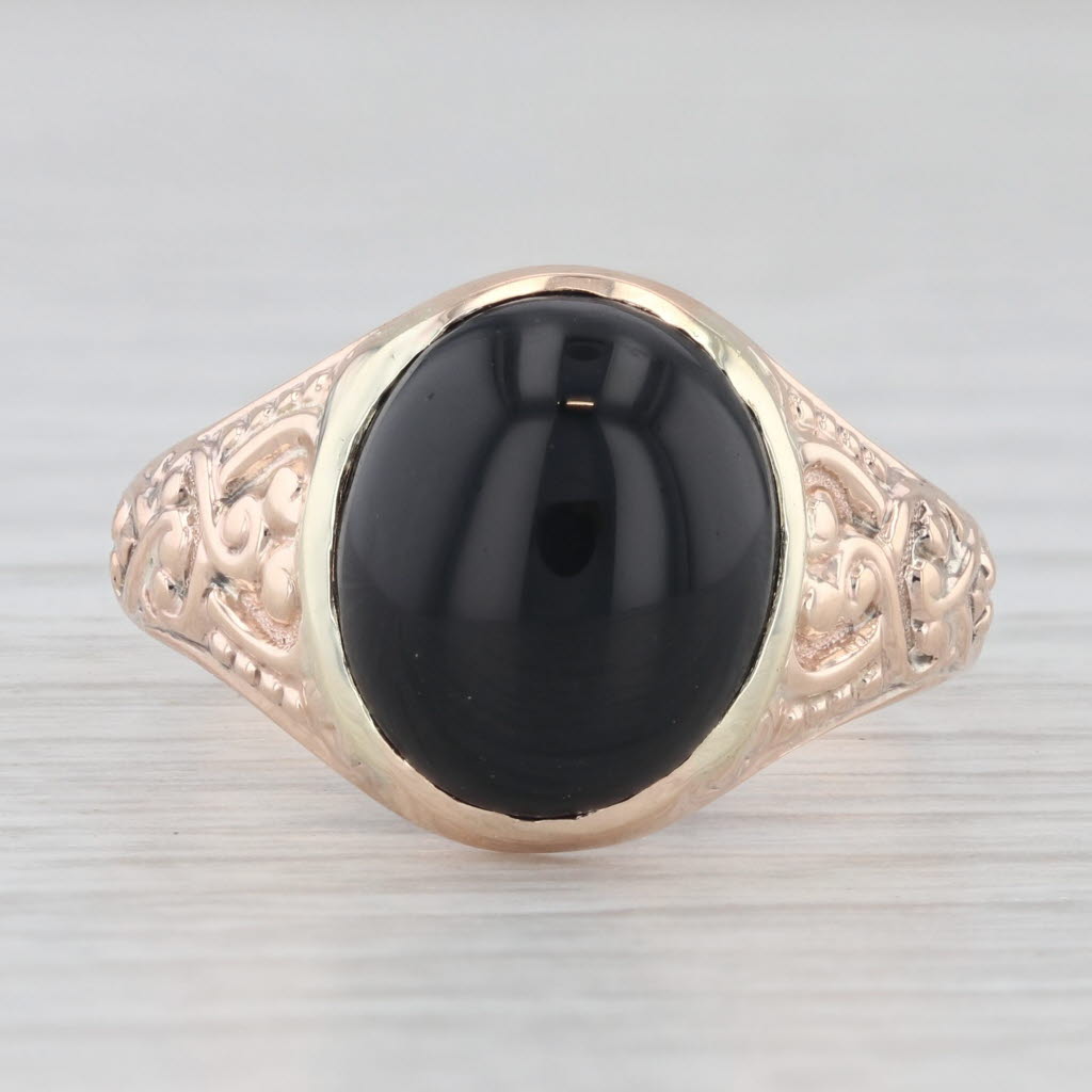 Light Gray Vintage Onyx Floral Ring 10k Rose Gold Oval Cabochon Solitaire Size 8.5