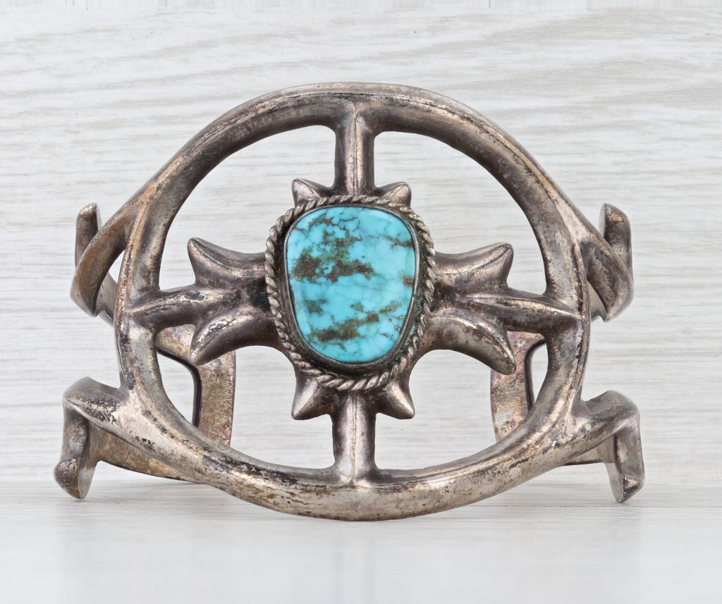 Turquoise Cuff Bracelet Sandcast Silver Vintage Native American Statement