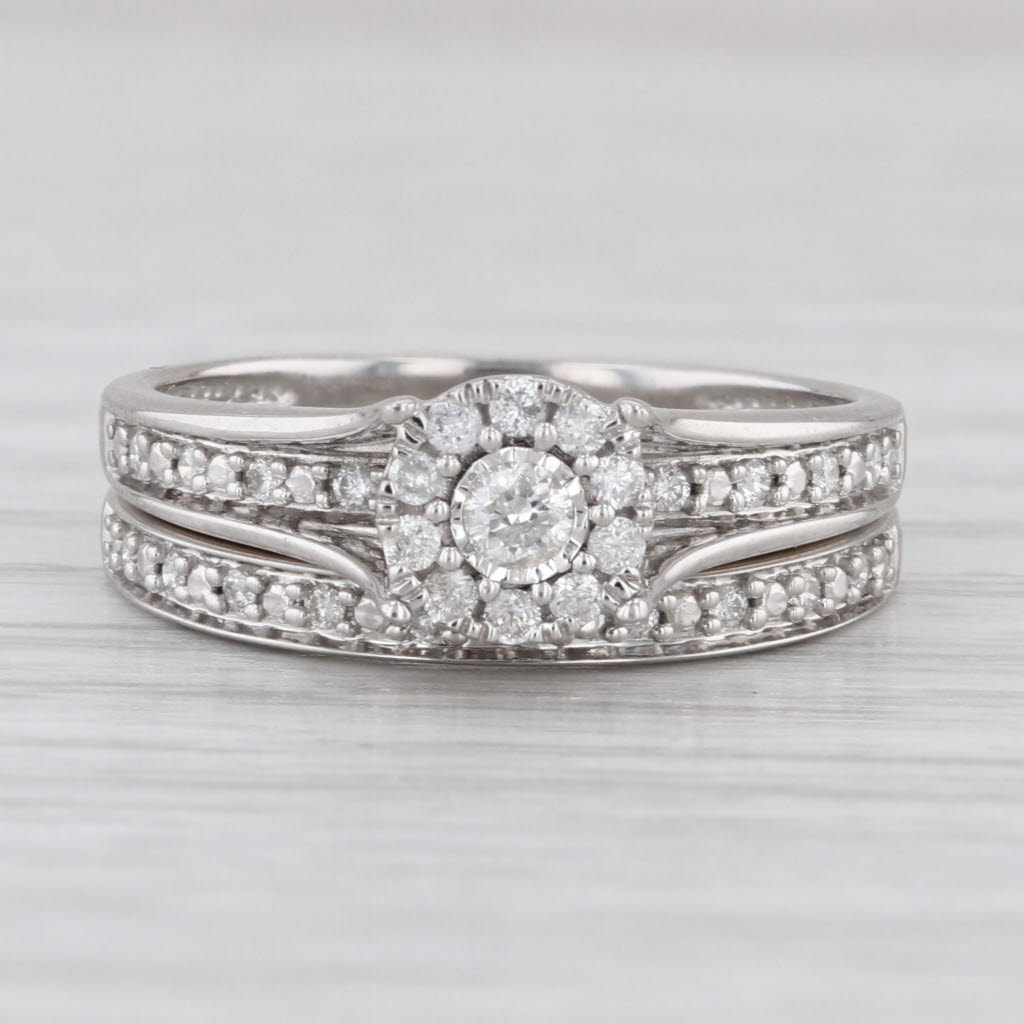 0.22ctw Diamond Halo Engagement Ring Wedding Band 10k White Gold Bridal Set Sz 7