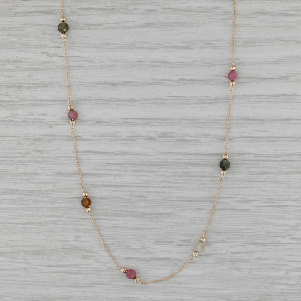 Gemstone Bead Station Necklace 14k Gold 16" Rope Chain Quartz Tourmaline Topaz