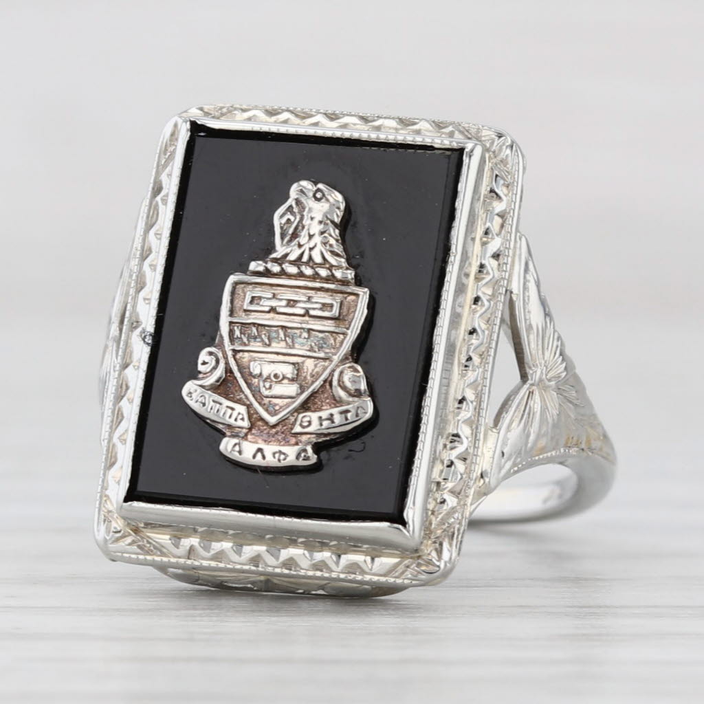 Light Gray Vintage Kappa Alpha Theta Onyx Sorority Signet Ring 14k White Gold Size 4