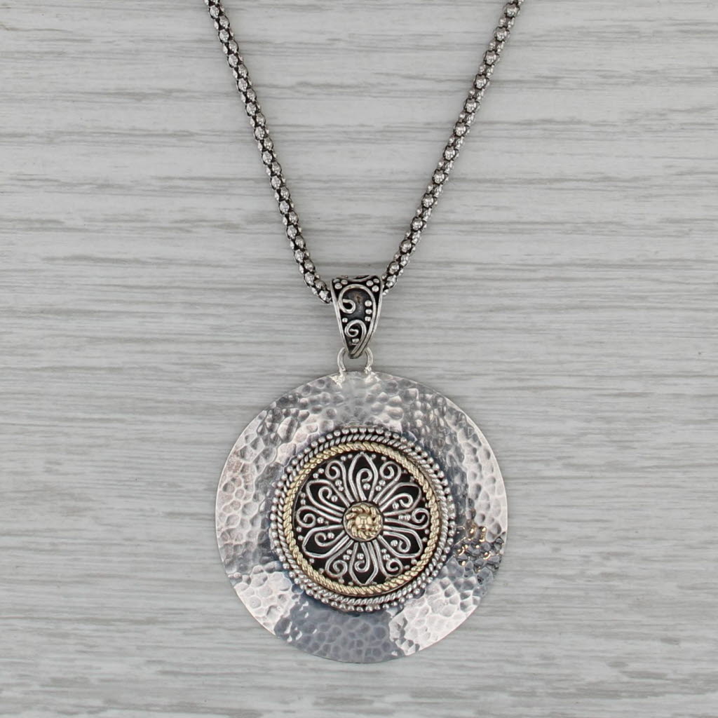 Hammered Flower Pendant Necklace Sterling Silver 14k Gold 18.5" Arts Elegance