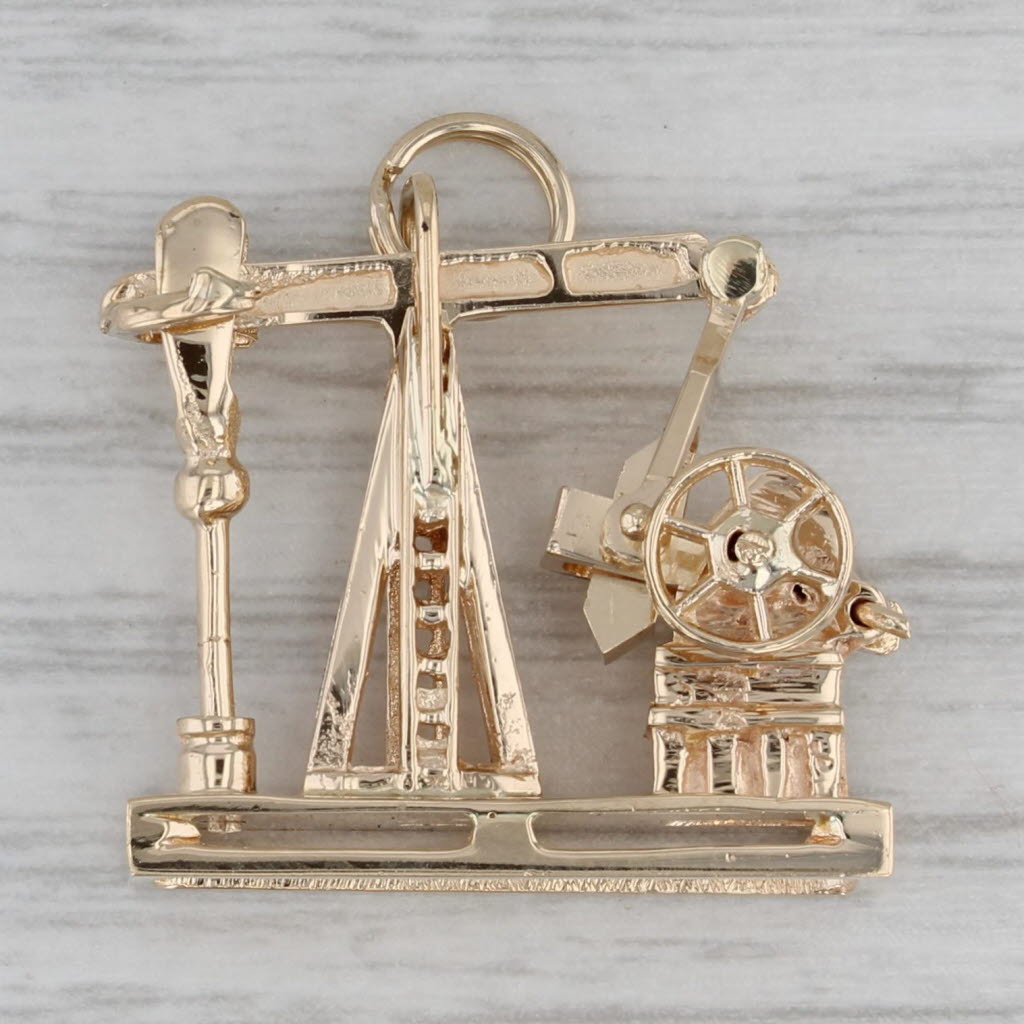 Gray Oil Rig Charm 14k Yellow Gold Moving Parts Keepsake Souvenir Pendant