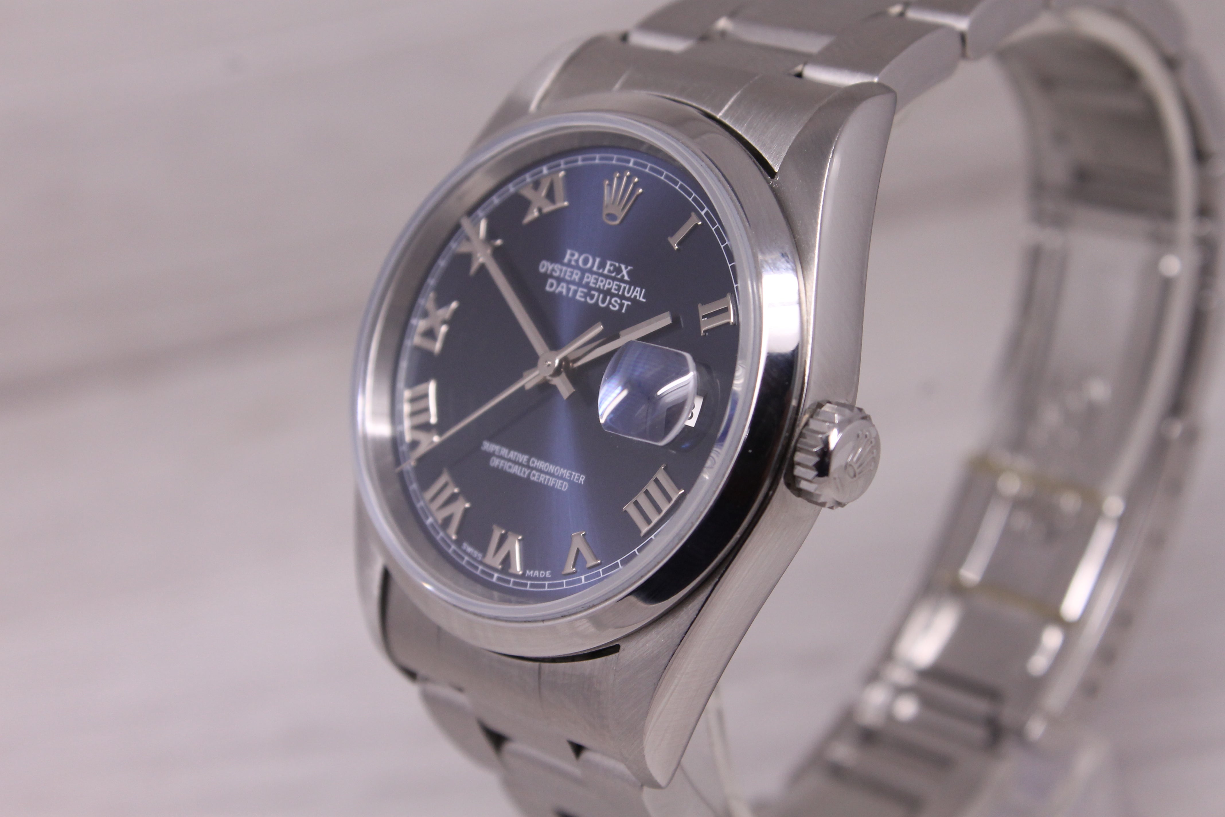 1999 Rolex Datejust 16200 36mm Steel Automatic Oyster Box Paper Blue Roman Dial
