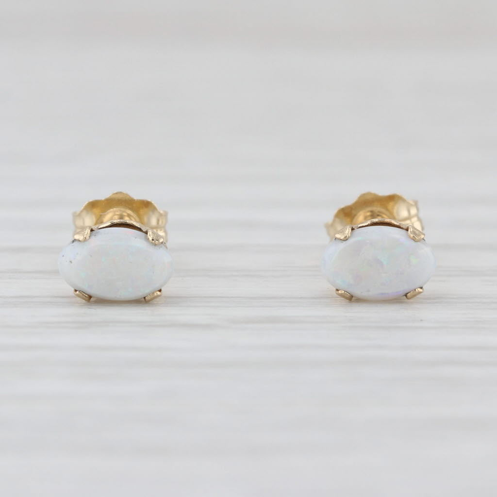 Oval Cabochon Opal Stud Earrings 14k Yellow Gold Solitaire Studs