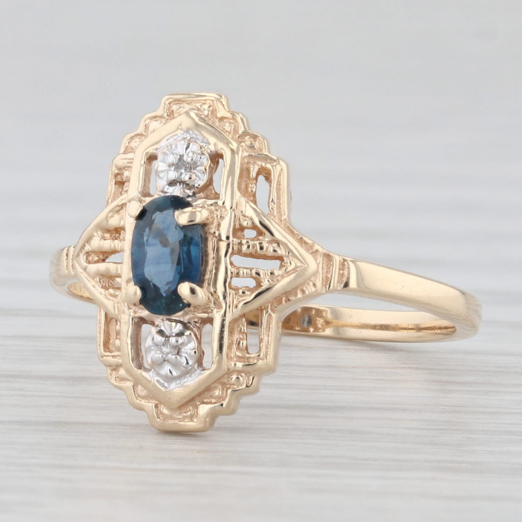 Light Gray Vintage Blue Sapphire Diamond Ring 10k Yellow Gold Size 6.25