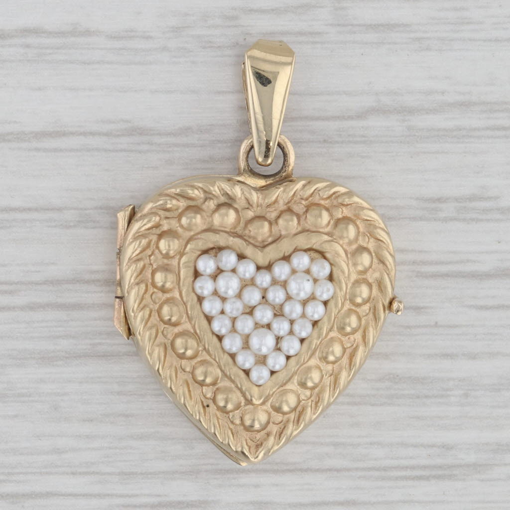 Gray Vintage Cultured Pearl Cluster Heart Picture Locket Pendant 14k Gold Engravable