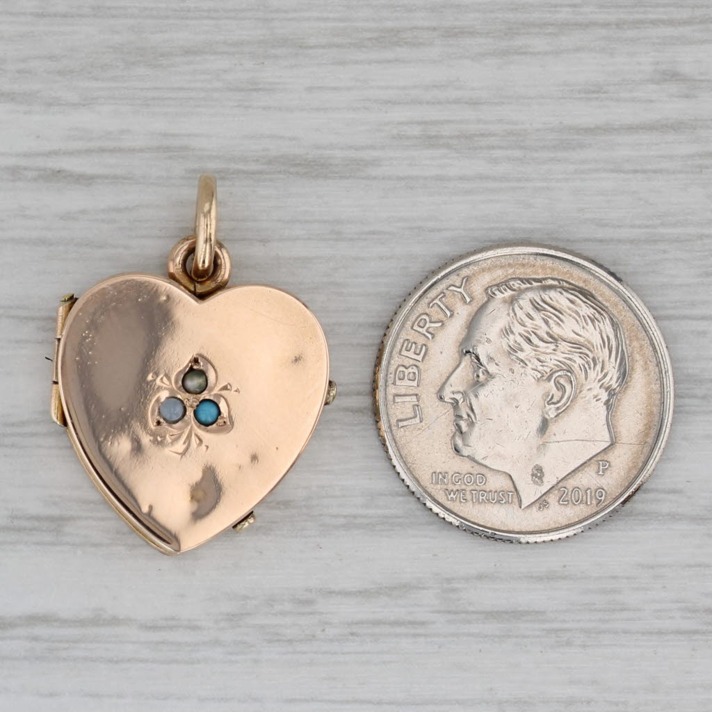 Gray Vintage Pearl Glass Heart Picture Locket Pendant 14k Yellow Gold Charm