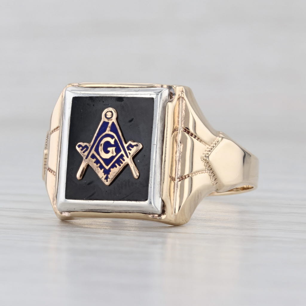 Vintage Enamel Masonic Signet Ring 10k Gold Sterling Silver Blue Lodge Size 14.5