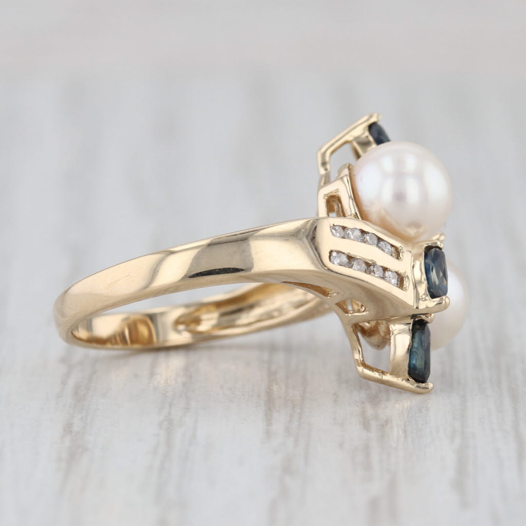 Culutred Pearl Sapphire Diamond Bypass Ring 14k Yellow Gold Size 6 Cocktail