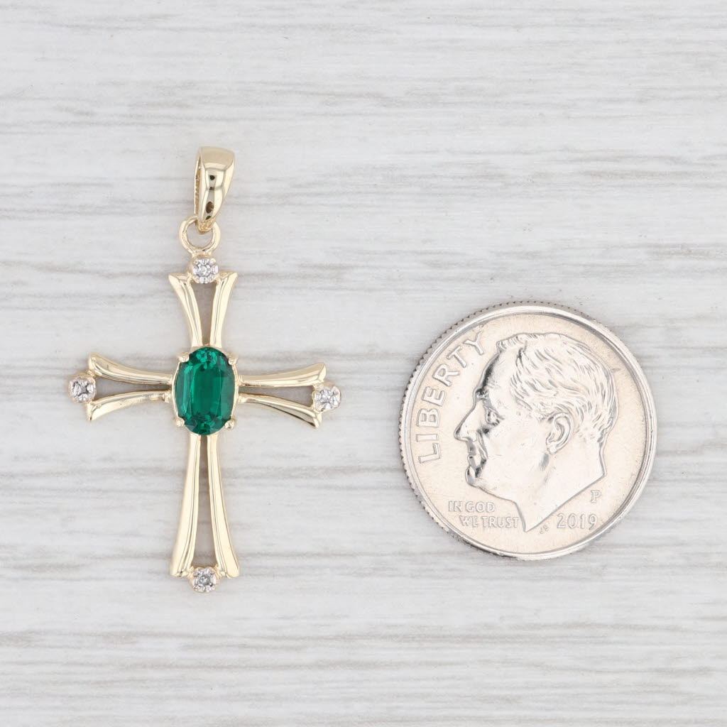 Light Gray 0.35ct Lab Created Emerald Cross Pendant 10k Yellow Gold Diamond Accents